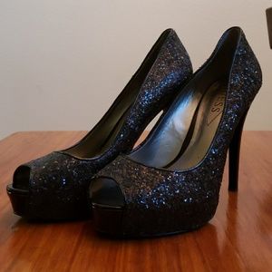Black glitter GUESS platform high heels